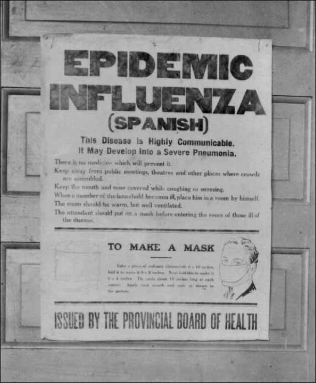 A poster warning of the Spanish Flu, issued by the Provincial Board of Health, Alberta, in 1918.